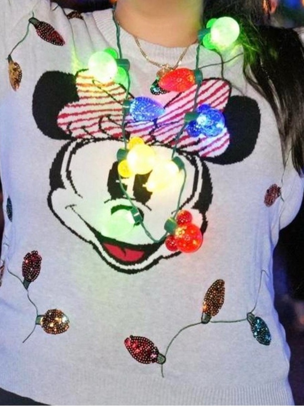 Disney Xmas Lights Minnie Mouse Sweater - Gray with Pink Bow